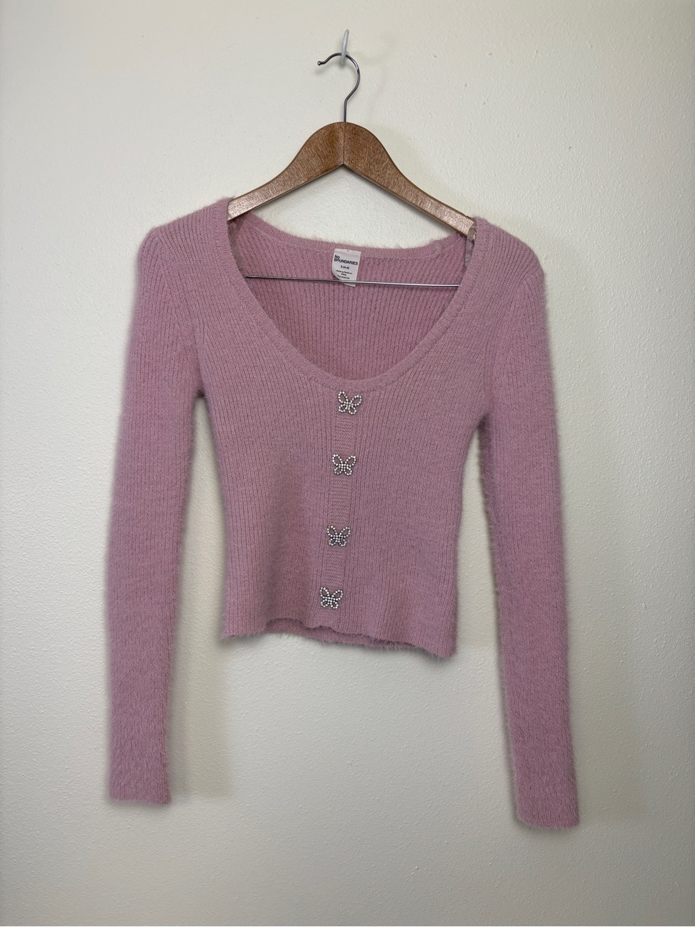 No Boundaries Dusty Pink Butterfly-Button Fuzzy Knit Sweater Girly Romance